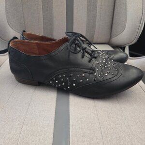 Lucky Brand Size 10 Gedi Black Leather Studded Oxford Flats Lace-up Wingtip